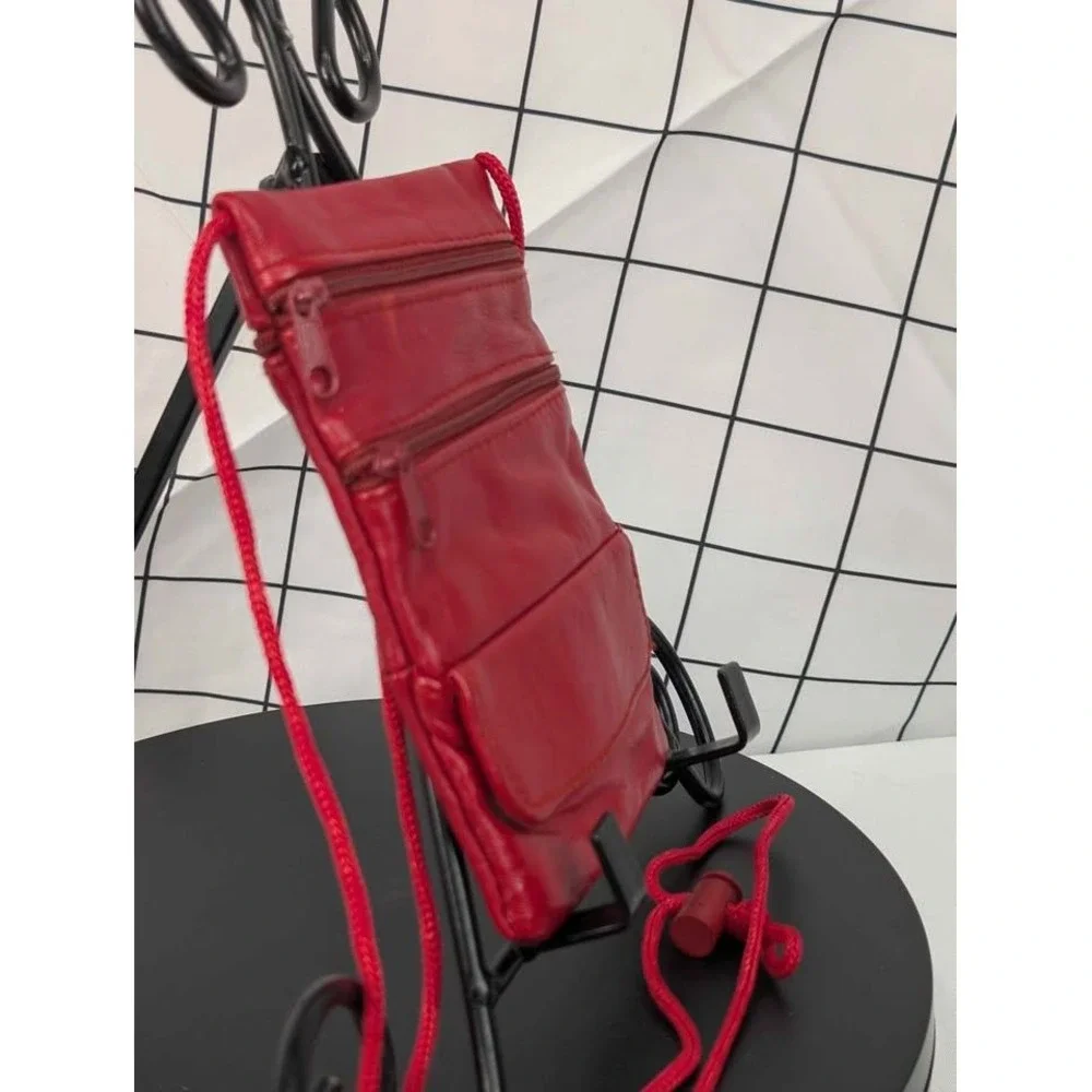 Red Leather Neck Pouch/Crossbody Bag ~ Small Travel Wallet/Purse